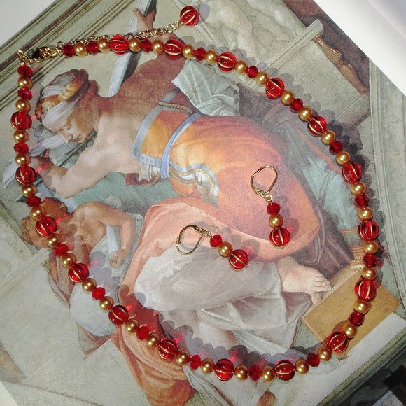 Handcrafted artisanal gold-washed scarlet red melon bead necklace & earring set - Picture 5 of 6